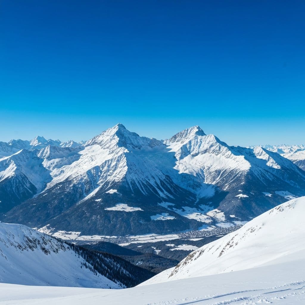 Bergpanorama Kaprun, Oostenrijk met besneeuwde toppen bij zonsondergang